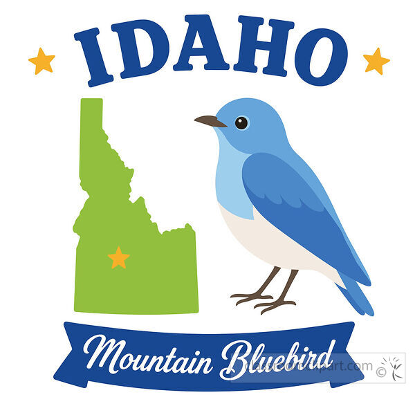 Idaho state bird image with a green state map a mountain bluebird stars and a blue name banner