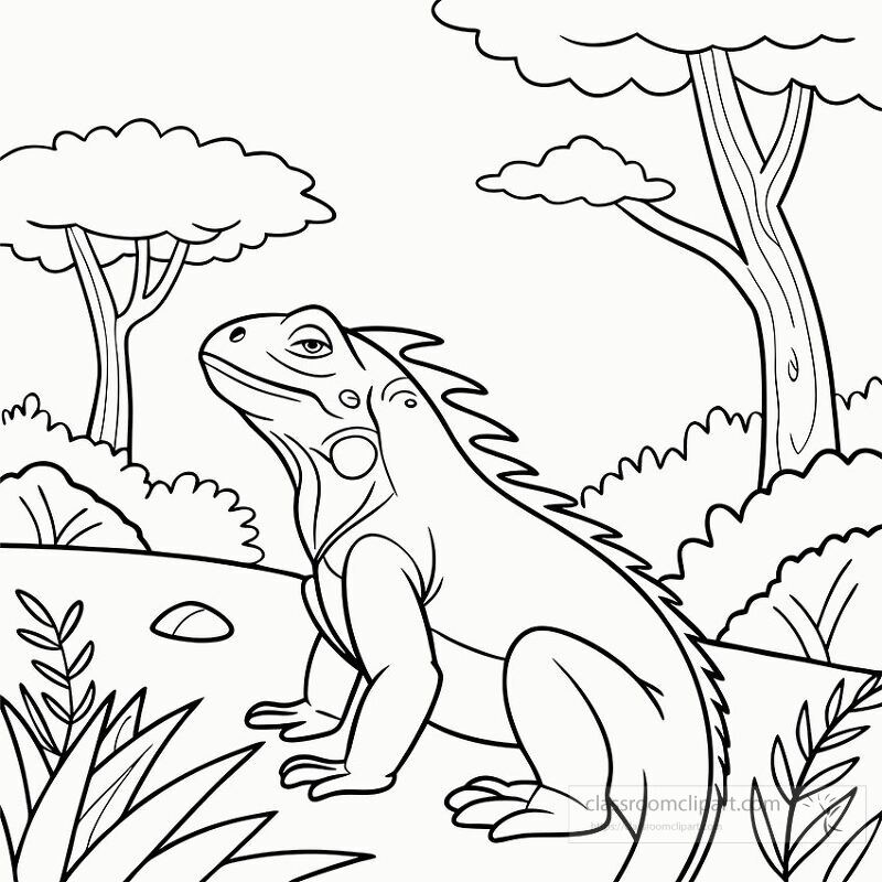 Black and white line drawing features an iguana in a serene environment with trees and shrubs This artwork captures the tranquility of an iguana in its habitat