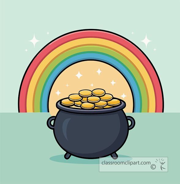 A colorful pot filled with gold coins sits beneath a bright rainbow symbolizing luck