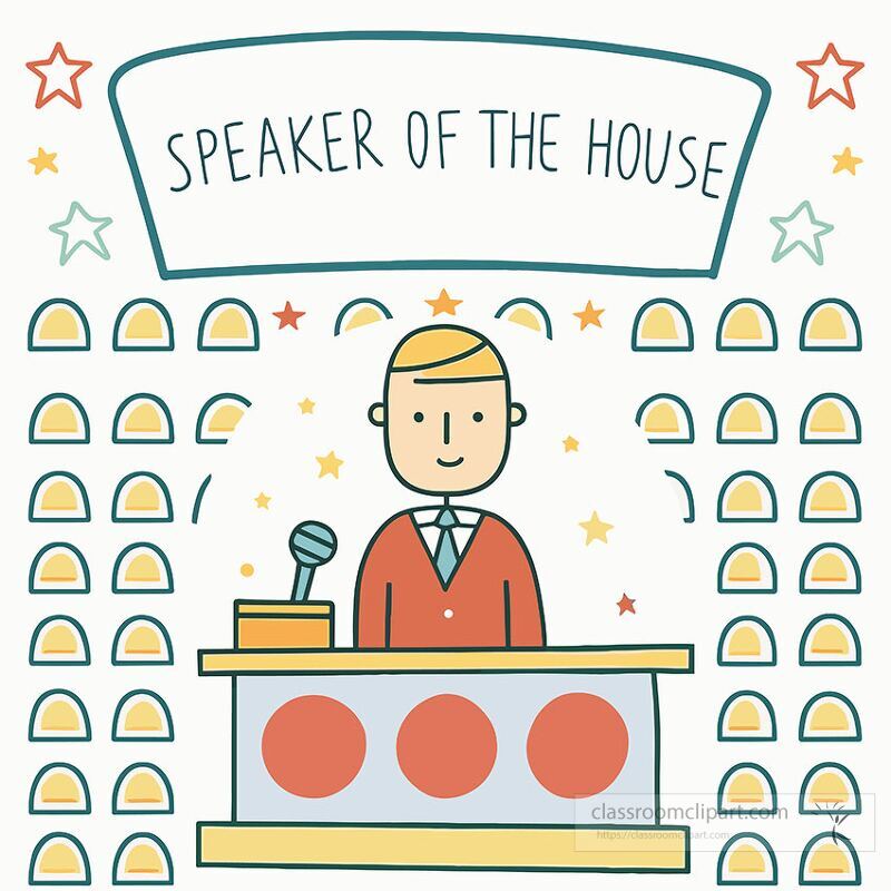 A cheerful character stands at a podium with a microphone representing the speaker of the house of representatives This whimsical design features colorful seating behind the podium