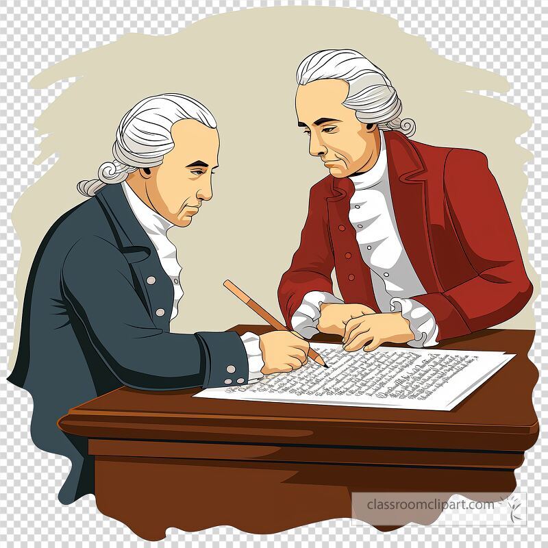 Two historical figures are engaged in a significant signing event in early America They are focused on a document laid out on a wooden table symbolizing a landmark moment in US history