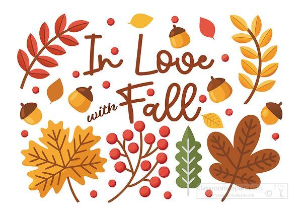 Playful autumn vector illustration with in love with fall text and surrounding leaves acorns and red berries. Useful for classroom seasonal projects and fall-themed displays