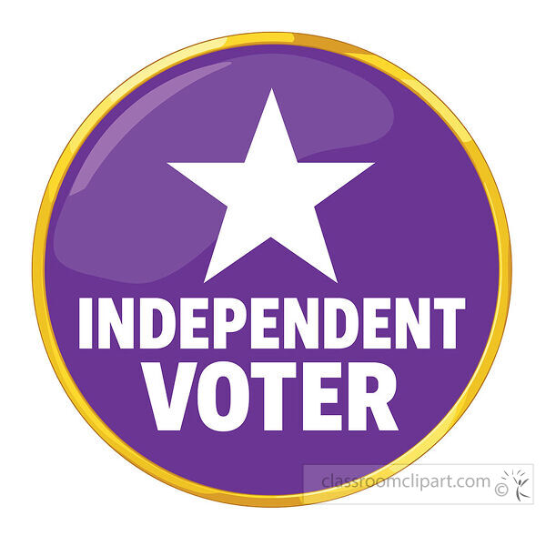 Round purple badge with a white star and the words Independent Voter inside a gold border