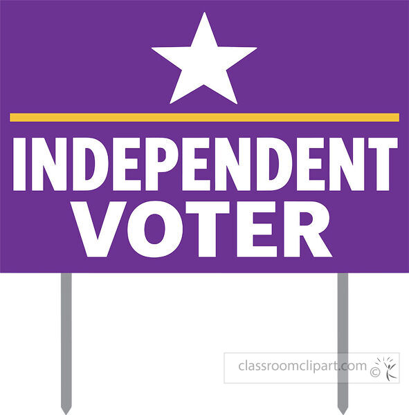 Purple yard sign with a white star gold line and large white Independent Voter text on two gray stakes