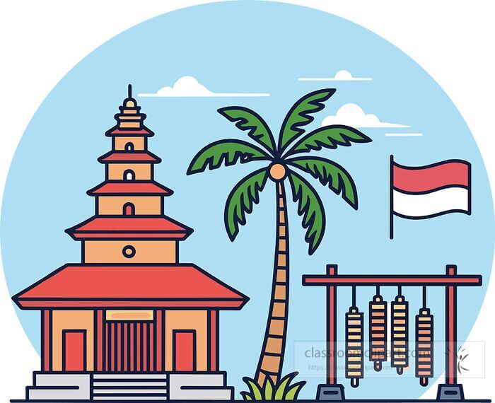 Flat vector illustration of Indonesian cultural landmark with traditional temple palm tree and waving flag perfect for tourism and travel concepts