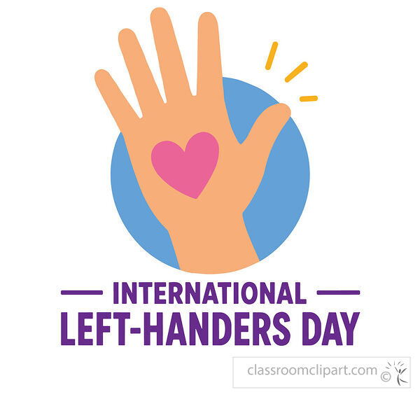 A raised left hand with a pink heart on the palm appears above International Left Handers Day lettering