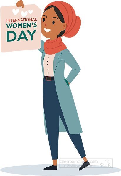 Educational illustration of woman holding international women’s day sign for diversity awareness and classroom celebrations