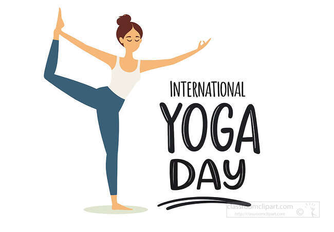 Woman in dancer yoga pose beside International Yoga Day text in a clean wellness layout
