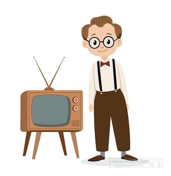 Cartoon vector of Philo Farnsworth with an early vintage television, great for classroom use in technology and media history lessons.