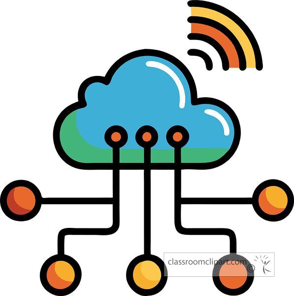 Vibrant cloud network icon features geometric shapes in a playful style