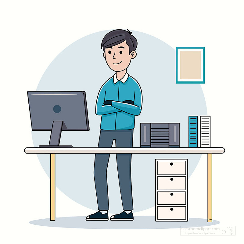 tech support person standing near office desk with computer and files in modern workspace