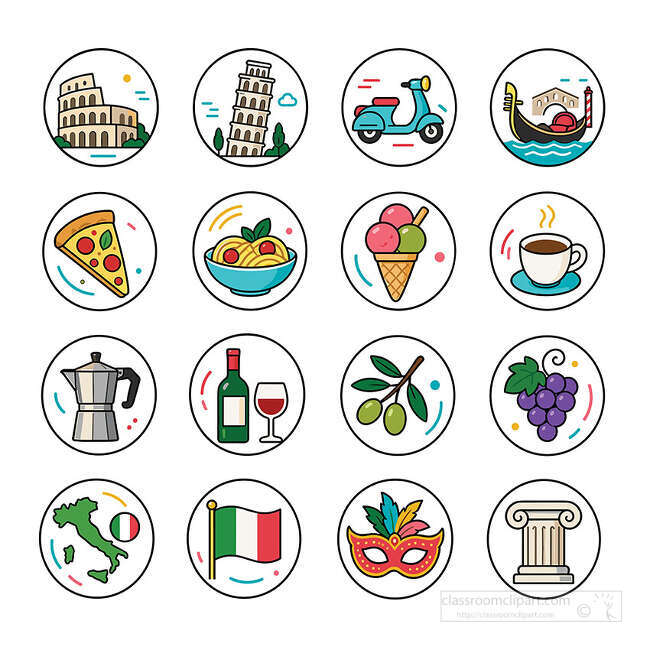 Round Italy travel icons with landmarks food drinks flag scooter mask and map for tourism themed use