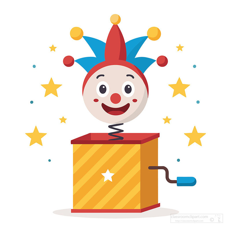Classic jack in the box clown popping out with cheerful expression and playful design
