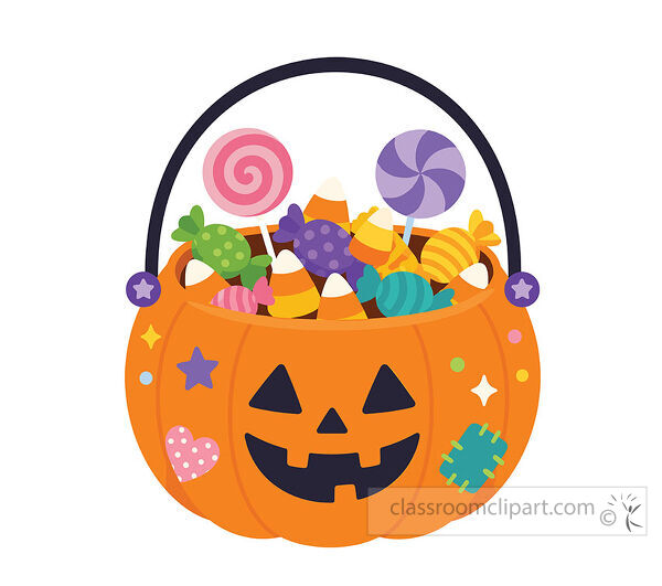 Jack o lantern candy bucket filled with candy corn lollipops wrapped candy and a black handle