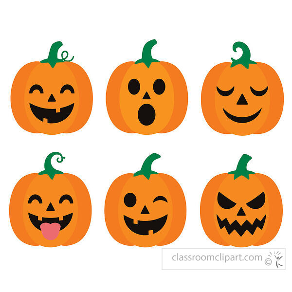 Set of six orange jack o lantern pumpkins with different carved faces including happy surprised winking and scary expressions