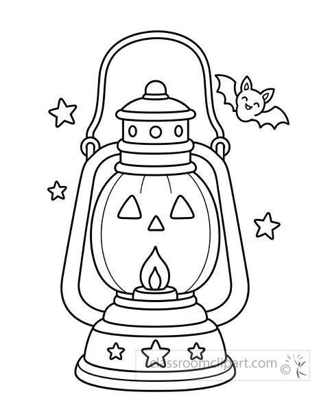 Vintage lantern with a jack o lantern face glowing candle stars and a smiling bat flying beside it