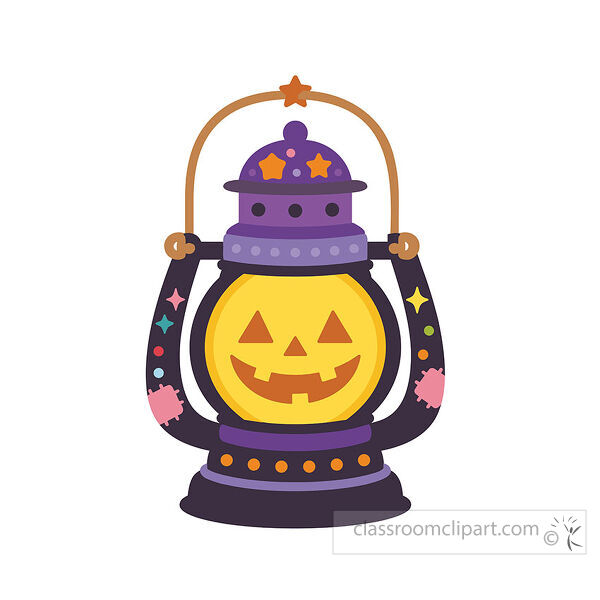 Jack o lantern lantern with a glowing pumpkin face purple top star handle patches and dotted trim