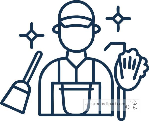 Line icon of a janitor holding cleaning tools icon