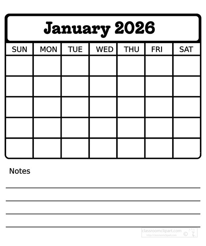 Black and white January 2026 calendar sheet that combines a clear monthly grid with lined notes at the bottom ideal for tracking events goals and important reminders