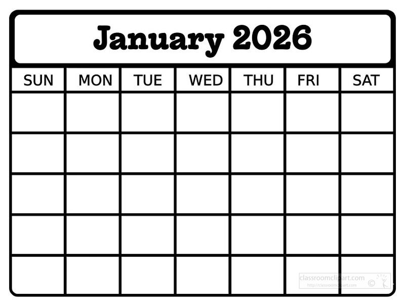 Simple black and white january 2026 calendar page featuring a clean grid layout with Sunday through Saturday