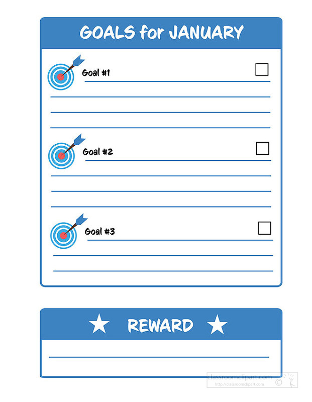 Printable january goals chart for kids. Features three goal sections with targets and checkboxes and a reward box at the bottom. Ideal for classroom and home motivation