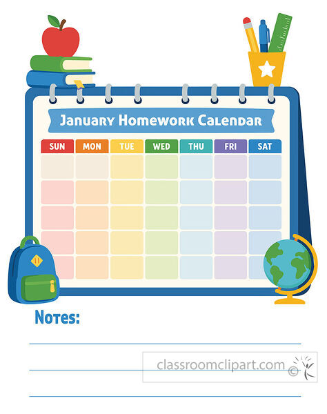 January homework calendar template with notes lines school supplies a blank weekday grid backpack books and globe