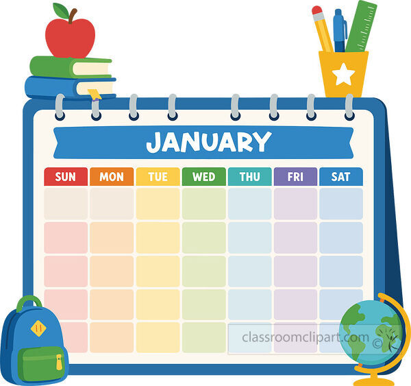 January school calendar template with a blank weekday grid books apple backpack pencil cup and globe
