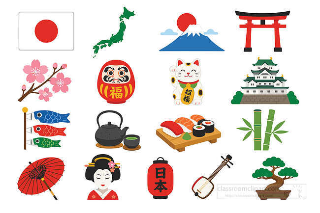 Japan landmark icon set with Mount Fuji torii gate sushi cherry blossoms lucky cat tea geisha and bonsai