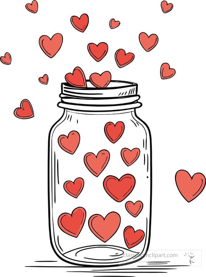 Clipart illustration of a glass jar with red hearts inside and hearts floating out of the jar