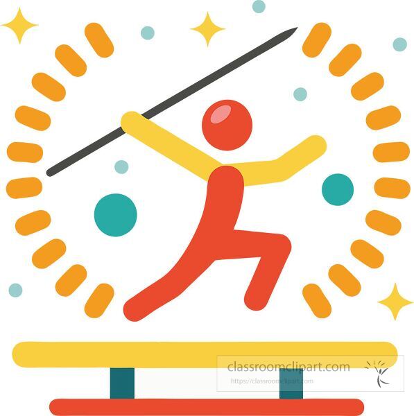 Dynamic javelin throw depicted in vibrant minimalist clip art style