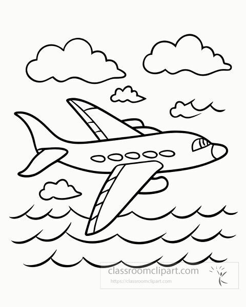 jet flying over ocean black outlime coloring page