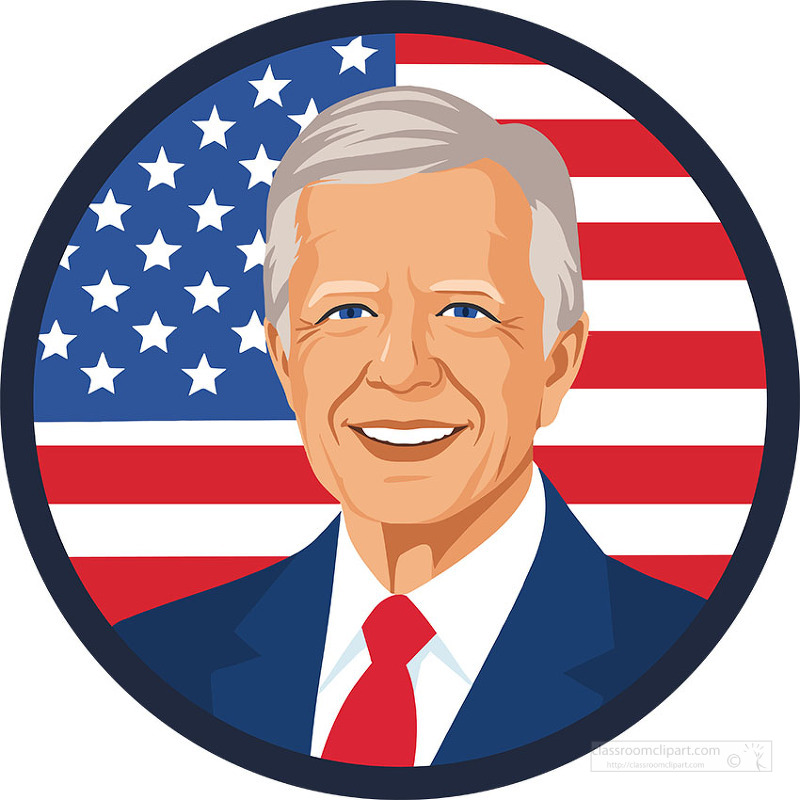 vector style portrait of Jimmy Carter shown smiling in front of the American flag