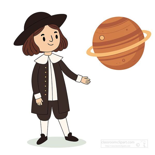 Cartoon vector illustration of Johannes Kepler with planet Saturn, perfect for astronomy lessons, history of science, and classroom projects.