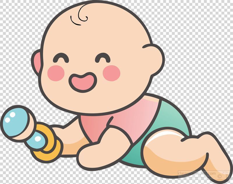 A cheerful baby boy crawls around focused on a bright rattle in hand. His playful spirit shines through as he explores his colorful surroundings radiating happiness and curiosity.