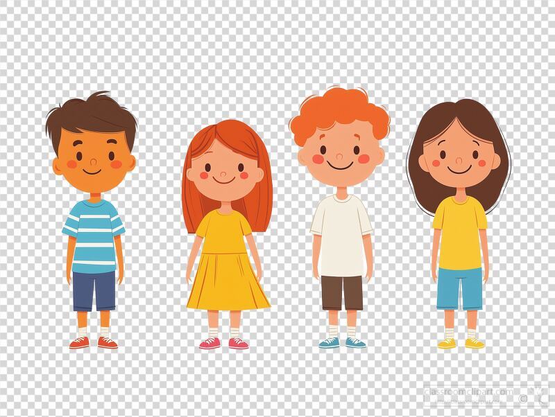 Four diverse children stand together smiling brightly. The group includes a boy with dark hair a girl in a yellow dress a boy with curly red hair and another girl with long brown hair.