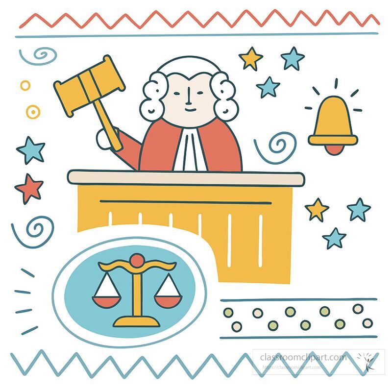 A judge holds a gavel while seated at a bench surrounded by whimsical elements like stars and a justice scale icon The scene captures a fun and vibrant take on courtroom authority