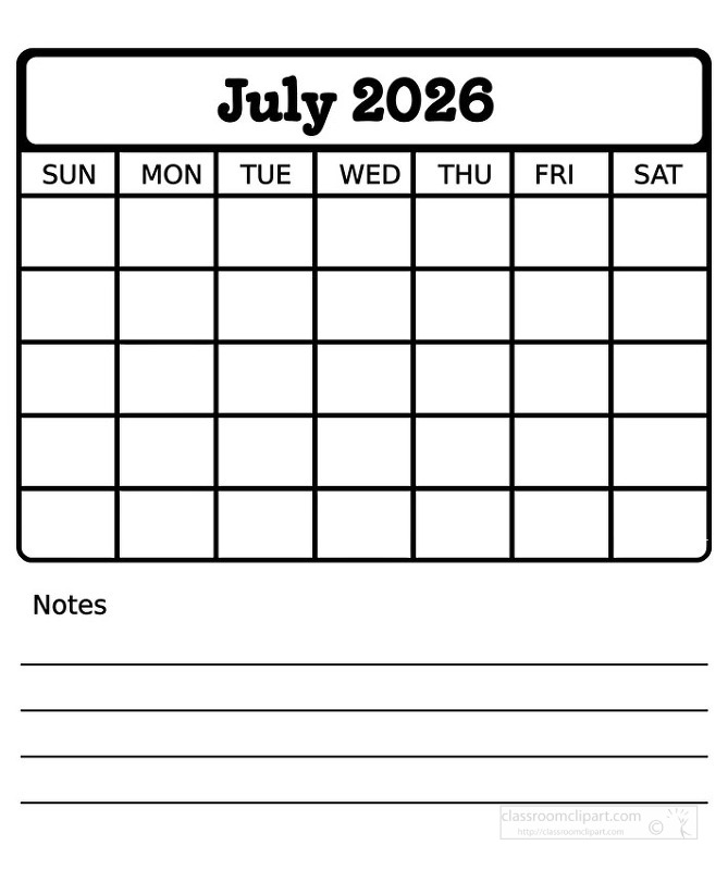 Black and white July 2026 calendar sheet that combines a clear monthly grid with lined notes at the bottom ideal for tracking events goals and important reminders