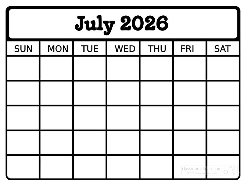 Simple black and white july 2026 calendar page featuring a clean grid layout with Sunday through Saturday