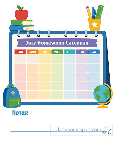 July homework calendar template with notes lines school supplies a blank weekday grid backpack books and globe