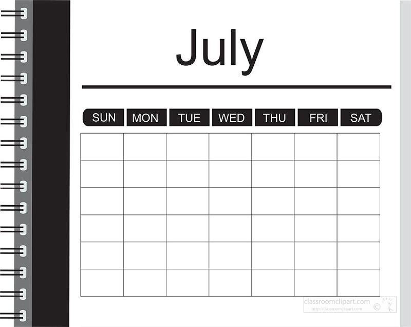 Monochrome July calendar page styled as a notebook with open grid
