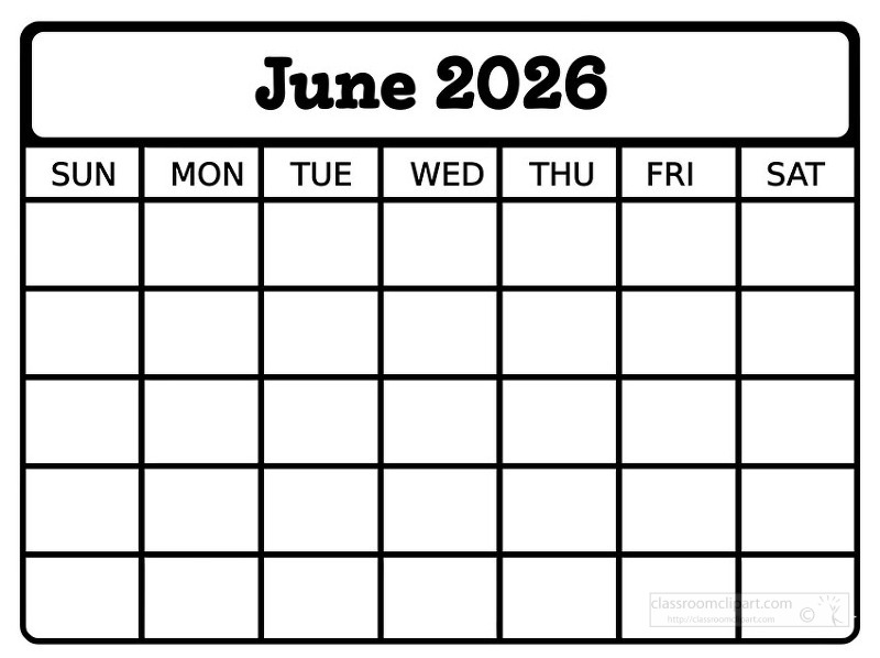Simple black and white june 2026 calendar page featuring a clean grid layout with Sunday through Saturday