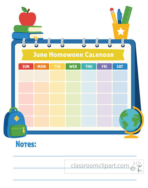 June homework calendar template with notes lines school supplies a blank weekday grid backpack books and globe