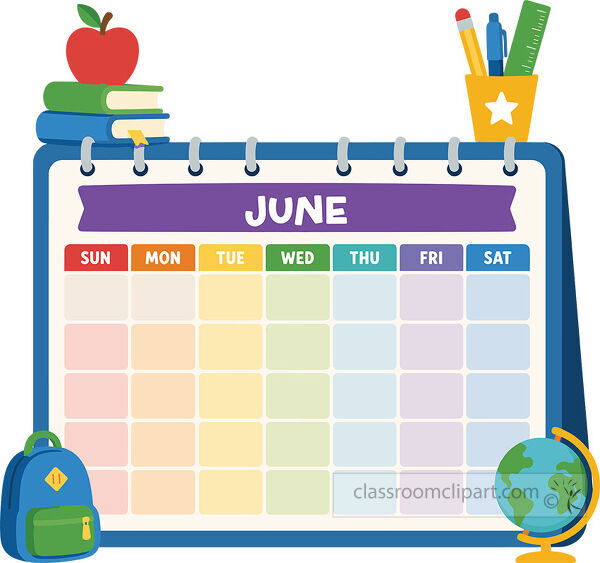 June school calendar template with a blank weekday grid books apple backpack pencil cup and globe