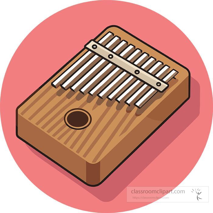 Flat vector illustration of a wooden kalimba thumb piano musical instrument shown on a pink circular background ideal for music education cultural design and creative projects