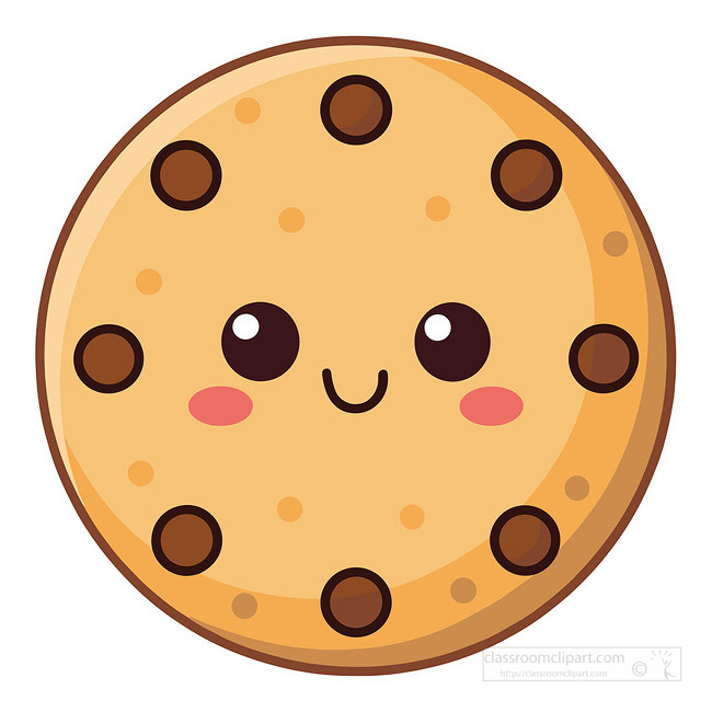 A kawaii chocolate chip cookie with a happy face creates a sweet dessert image for snack pages and food designs