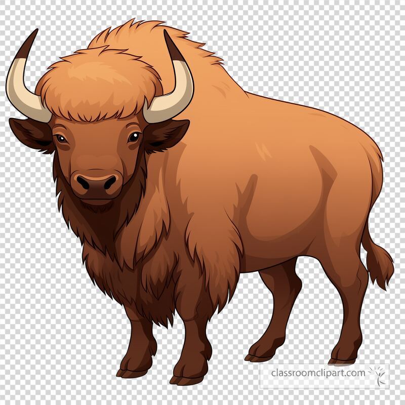 A cute cartoon bison stands proudly showcasing its fluffy mane and strong curved horns This bison exudes charm and whimsy in a vibrant and playful style perfect for various designs