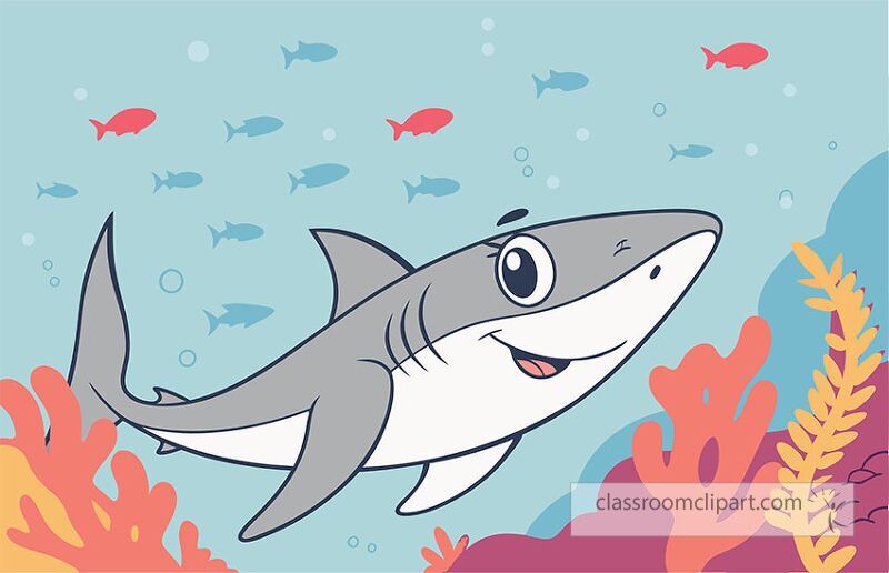 A cute galapagos shark swims happily amidst vibrant coral reefs while smaller fish dart around it in a colorful underwater scene The playful look adds charm to this marine life illustration