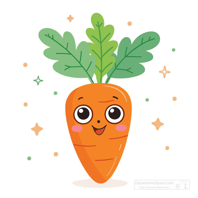 A kawaii carrot character with leafy greens and a bright smile adds playful charm to vegetable and garden pages