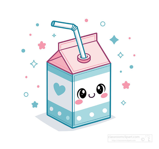 A kawaii milk carton with a straw and smiling face creates a playful dairy image for nutrition pages and food designs