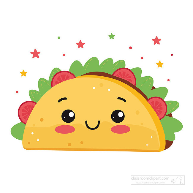 A kawaii taco character with fresh toppings makes a playful food image for menu pages and fun meal designs